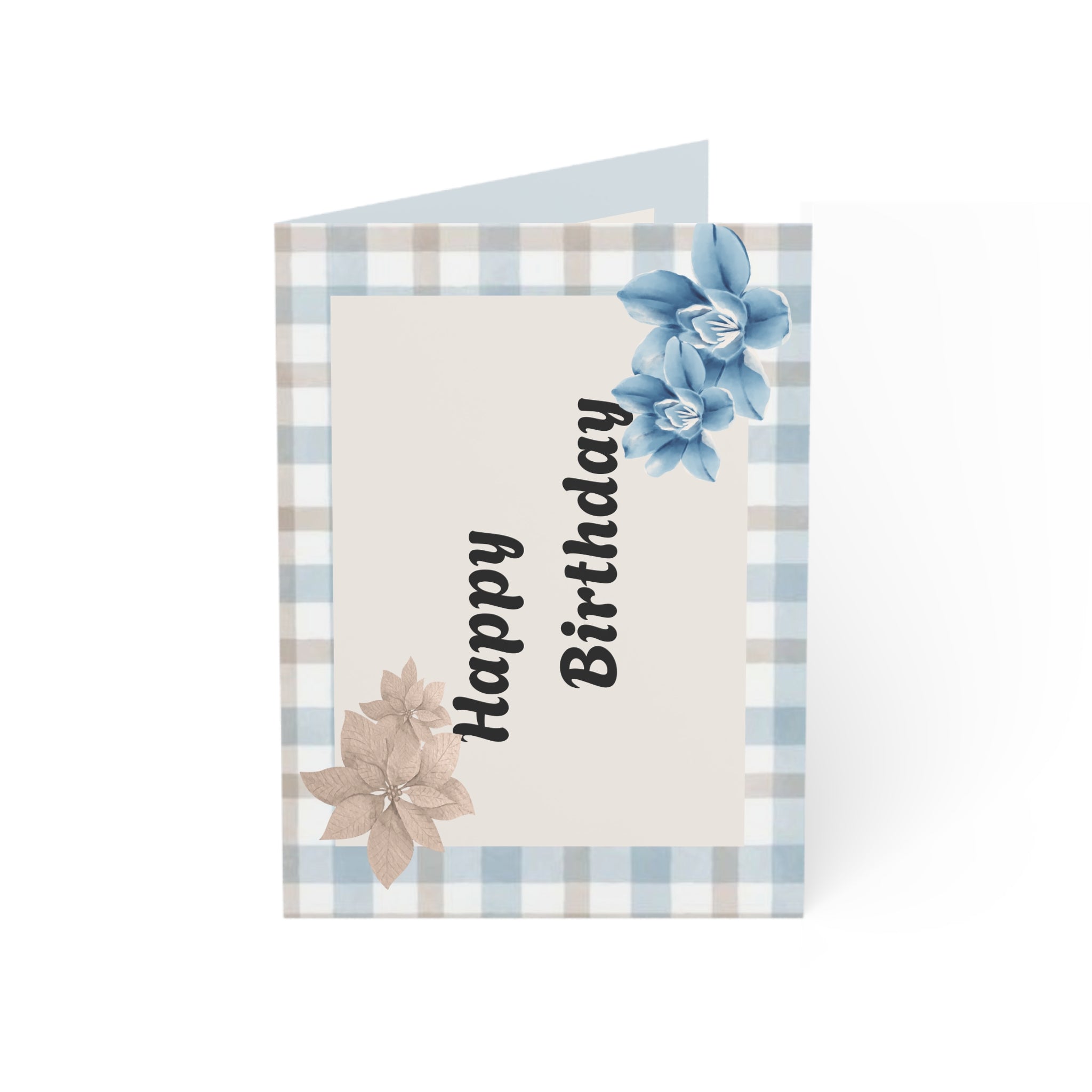 Blue Plaid Floral "Happy Birthday" Greeting Cards — Pack of 1/10/30/50
