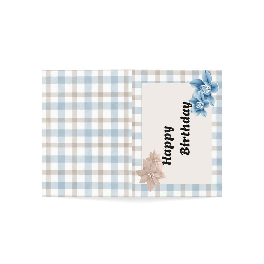 Blue Plaid Floral "Happy Birthday" Greeting Cards — Pack of 1/10/30/50