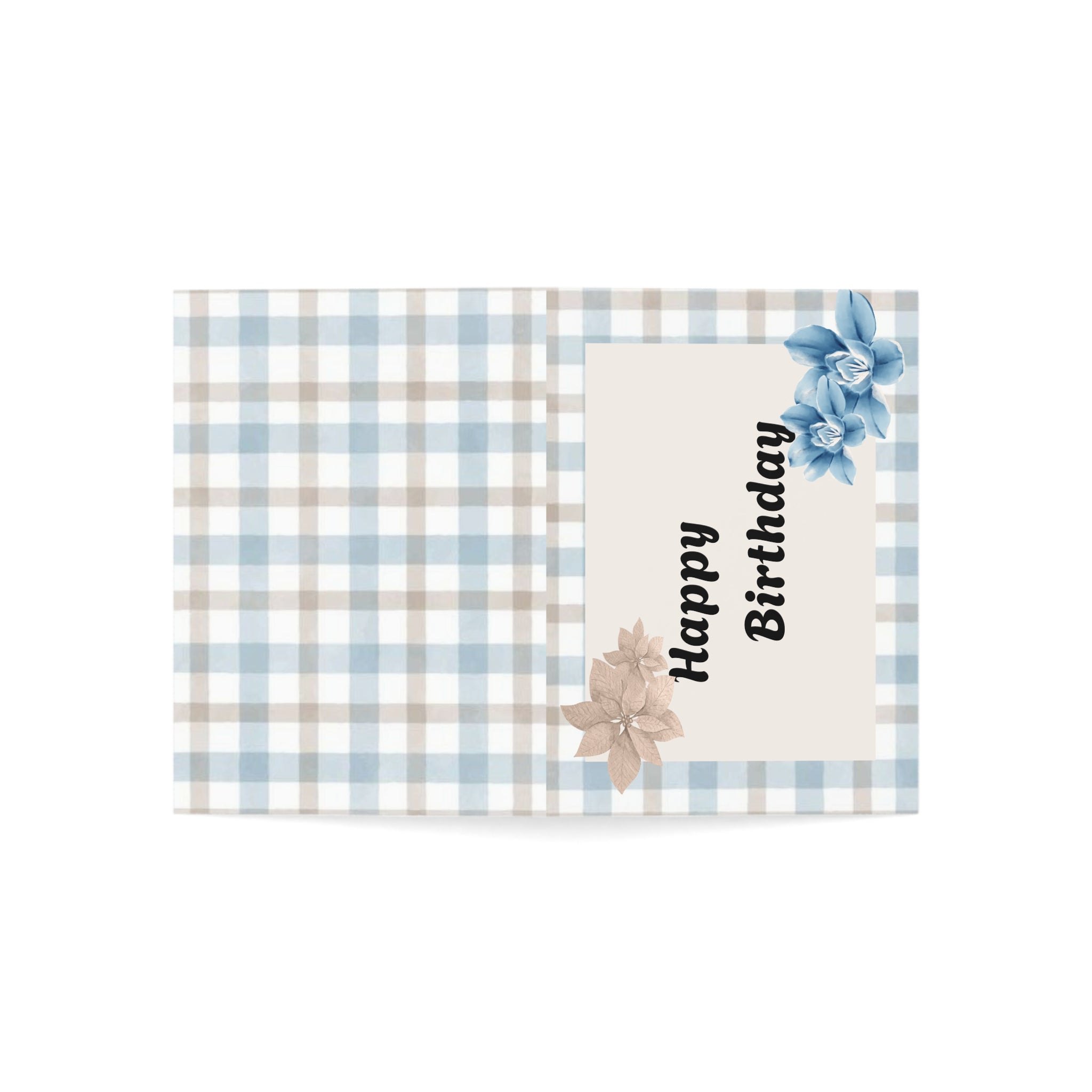 Blue Plaid Floral "Happy Birthday" Greeting Cards — Pack of 1/10/30/50